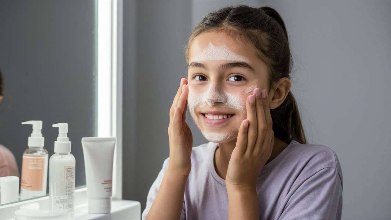 A teenager cleaning their face 