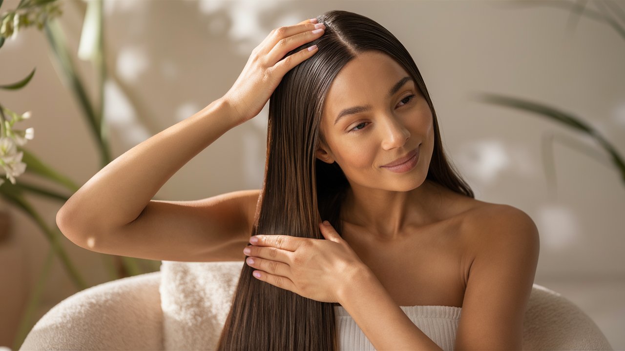 A woman with long glossy hair 