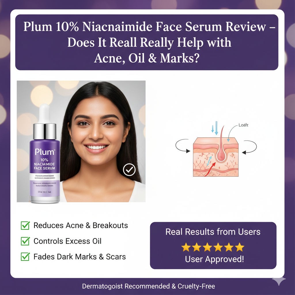 This is an image for topic Plum 10% Niacinamide Face Serum Review – Does It Really Help with Acne, Oil & Marks?